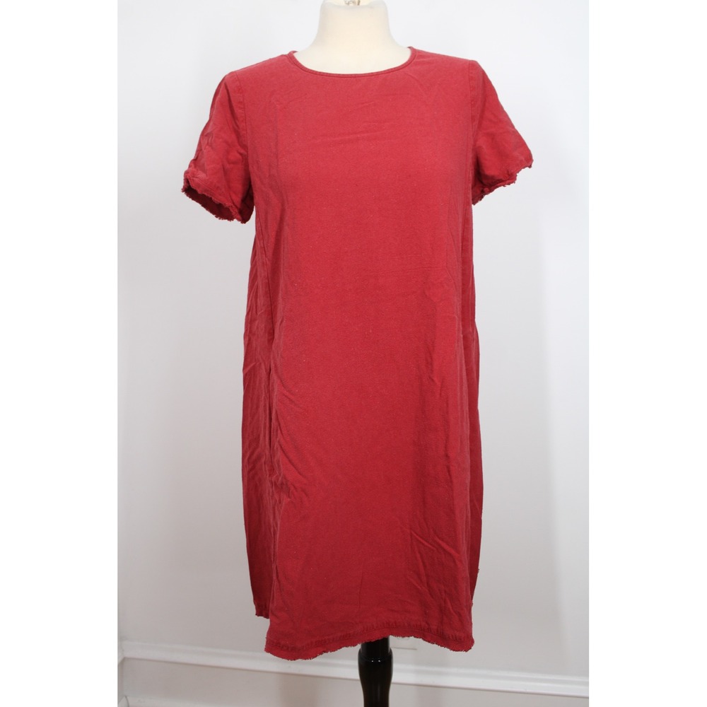 Eileen Fisher XS Red Silk Noil Raw Edge Hem Short Sleeve Shift Dress Pockets